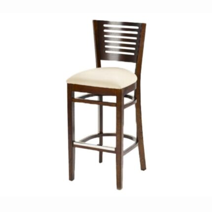 Buni bar stool with horizontal slats in the back and a metal footrest