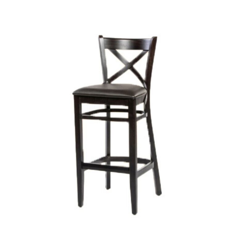 Lora bar stool with a cross back and a dark leather seat