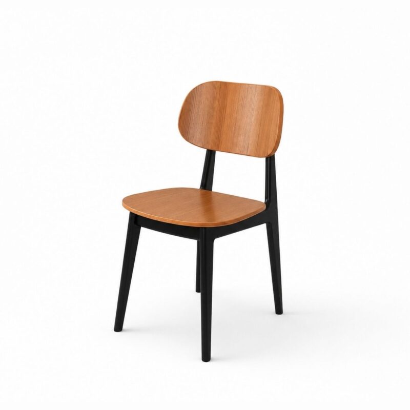 Scandinavian dining chair with a wooden seat and black legs