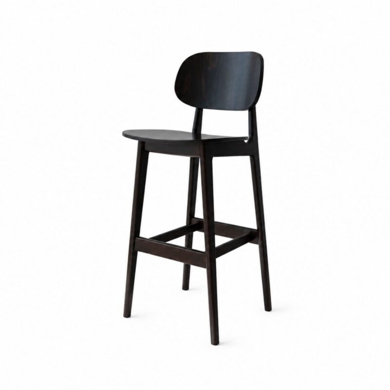 Capri 2 bar stool in a dark stain with a rounded back and a cross footrest